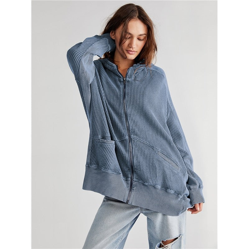 Women's Solid Zip Waffle Design Hoodie Sweatshirt