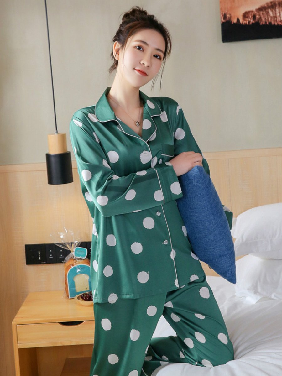 Spring And Summer Simple Women'S Long Sleeve Lapel Housewear Set Ice Silk Dot Printed Silk Pajamas