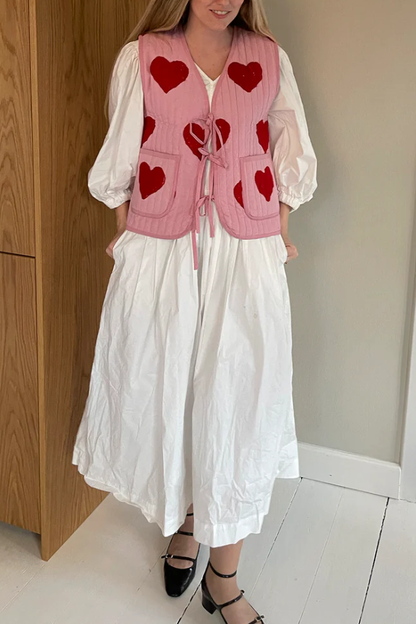 Red Heart Print Lace-up Vest