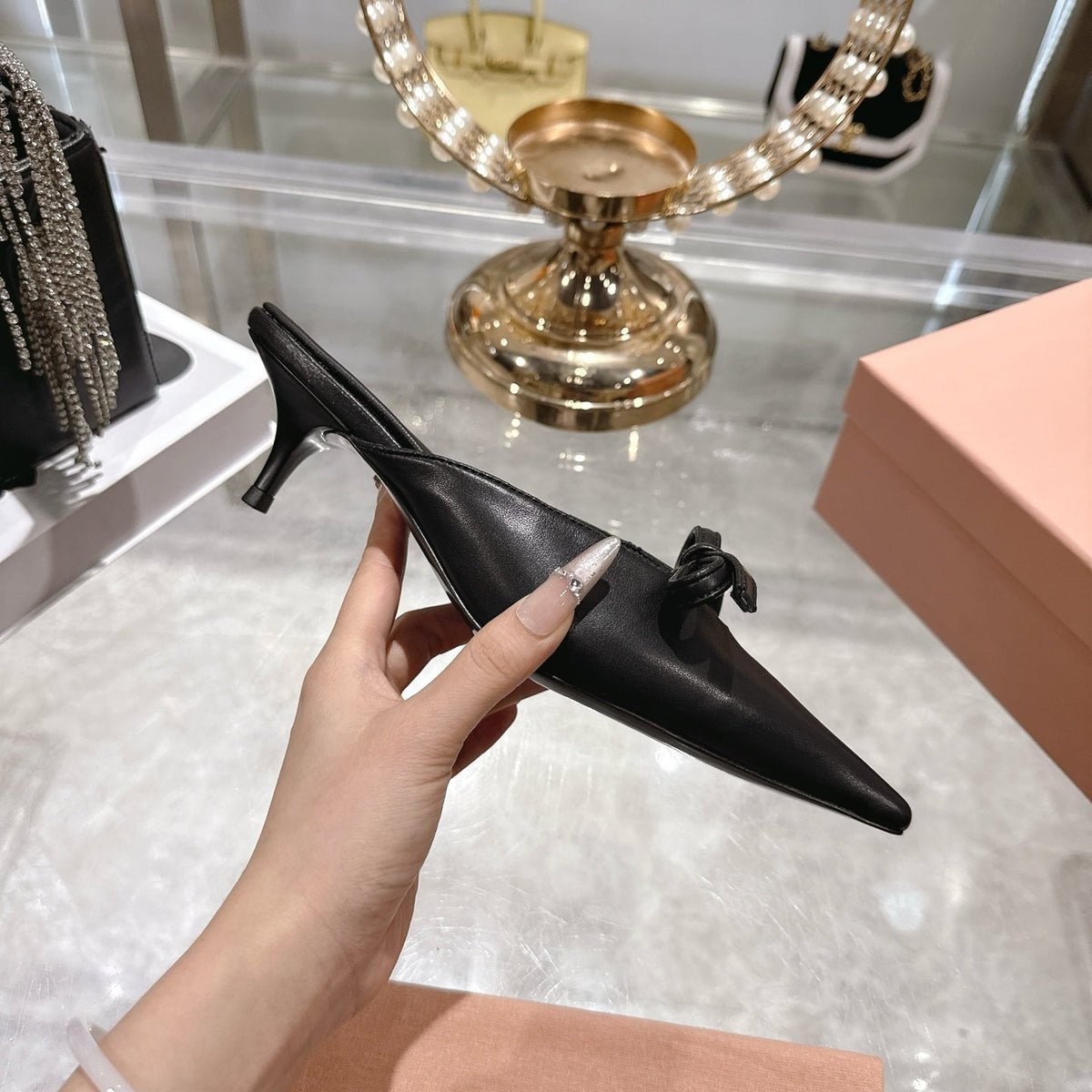 Miu 26 Pointed Toe Mule 45 Black Sheepskin 592089