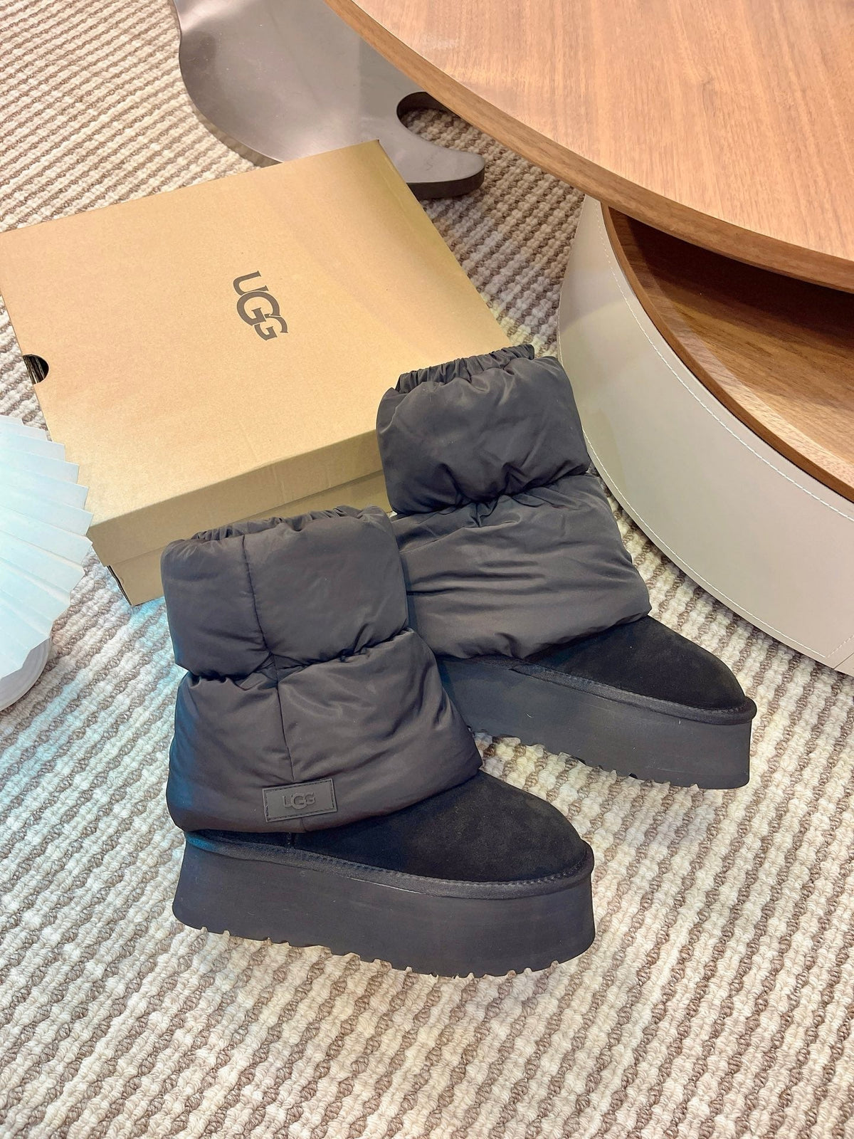 UGG Classic Mini Dipper Puffer Boots Black Suede Technical Fabric