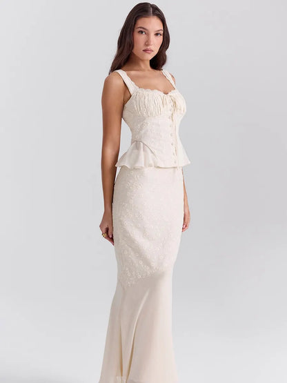 Ophelia Vintage Cream Cotton Maxi Skirt Set