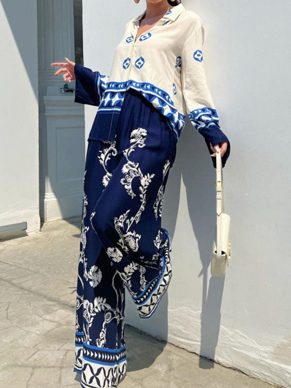 Loose Buttoned Long Sleeves Lapel Blouses & Printed Casual Pants Suits