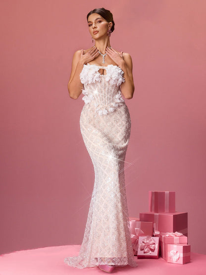Alessandra Strapless Flower Sequin Maxi Dress