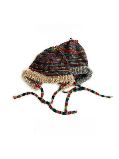 Haila - Retro Colorful Knitted Beanie with Chin Ties