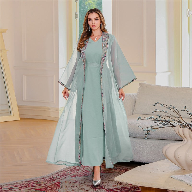 Embroidered Mesh Long Sleeve Dress