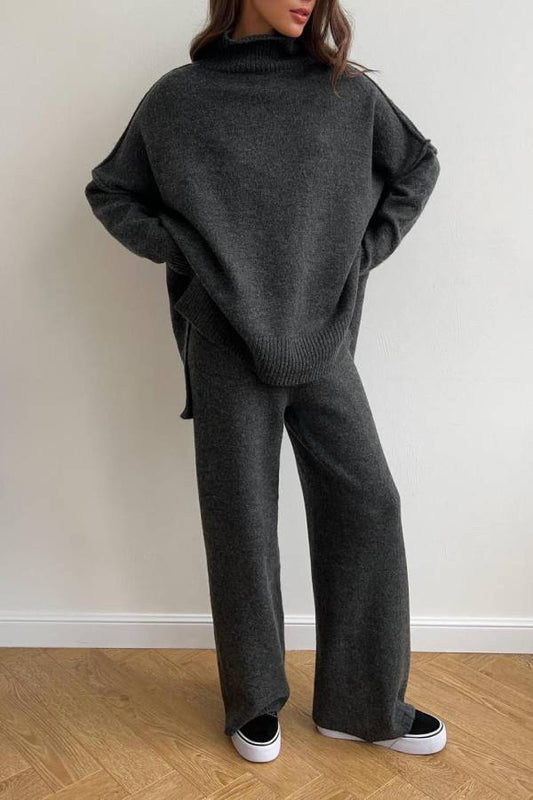 High-neck loose-fitting knit sweater and wide-leg pants two-piece set
