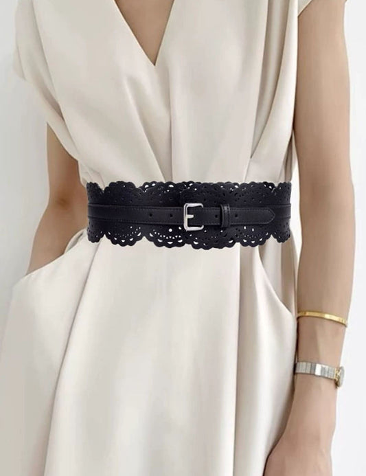 Simple Hollow Flower Wide Leather Belt
