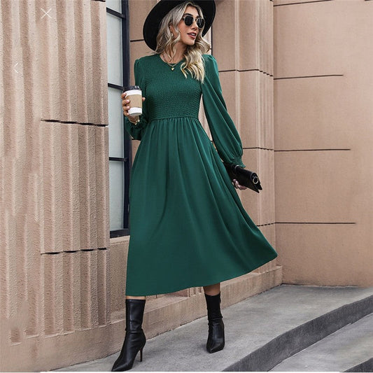 Solid Color Lantern Sleeve Waist Long Dress
