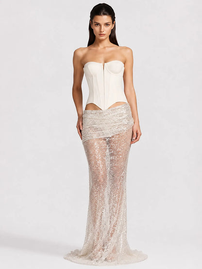 Arianne Sequin Sheer Mesh Maxi Skirt Set In White