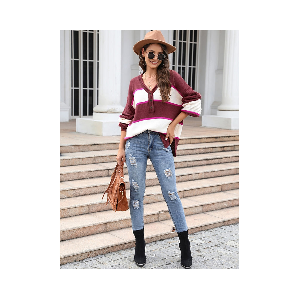Casual Long Sleeves Loose Striped V-Neck Sweater Tops