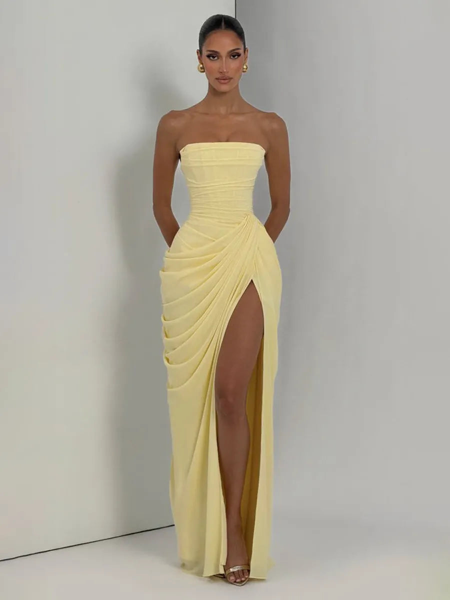 Giselle Ruched Slit Strapless Maxi Dress