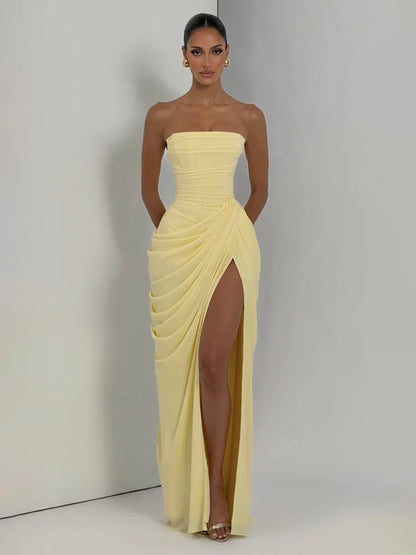 Giselle Ruched Slit Strapless Maxi Dress