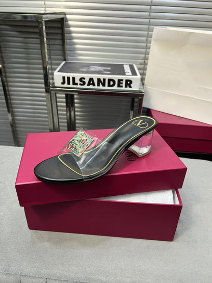 Heeled Sandals 6cm with Crystal Square Buckle Black
