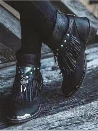 Women Ankle Boots Chunky Low Heels Ladies Vintage Pu Leather Gladiator Tassels Shoes
