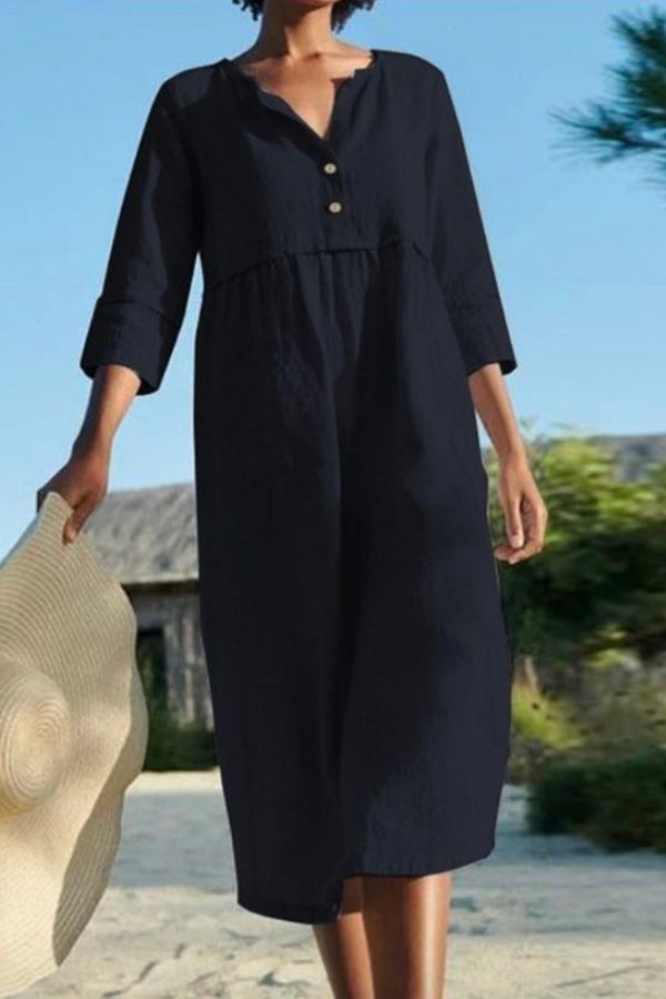 Round neck button pocket cotton and linen sleeves solid color dress