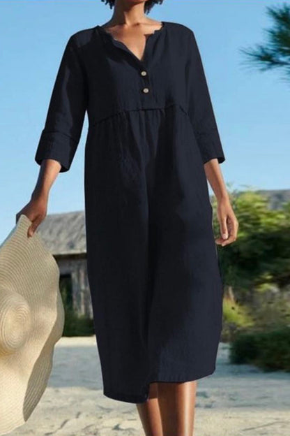 Round neck button pocket cotton and linen sleeves solid color dress