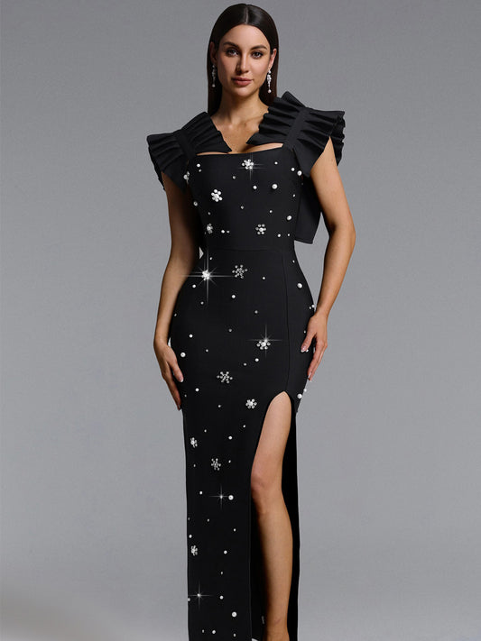 Alissa Pleated Strap Rhinestone Bandage Maxi Dress