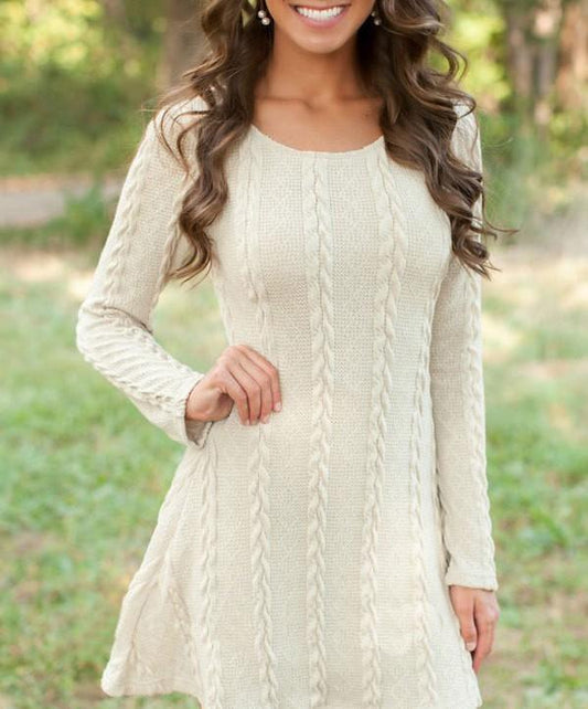 Spring Four-Color Knit Padded Sweater Round Neck Long Sleeve Dress
