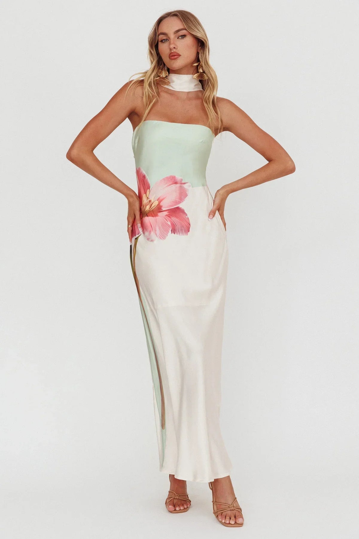 Damsel Reverse Halter Maxi Dress Flower Green