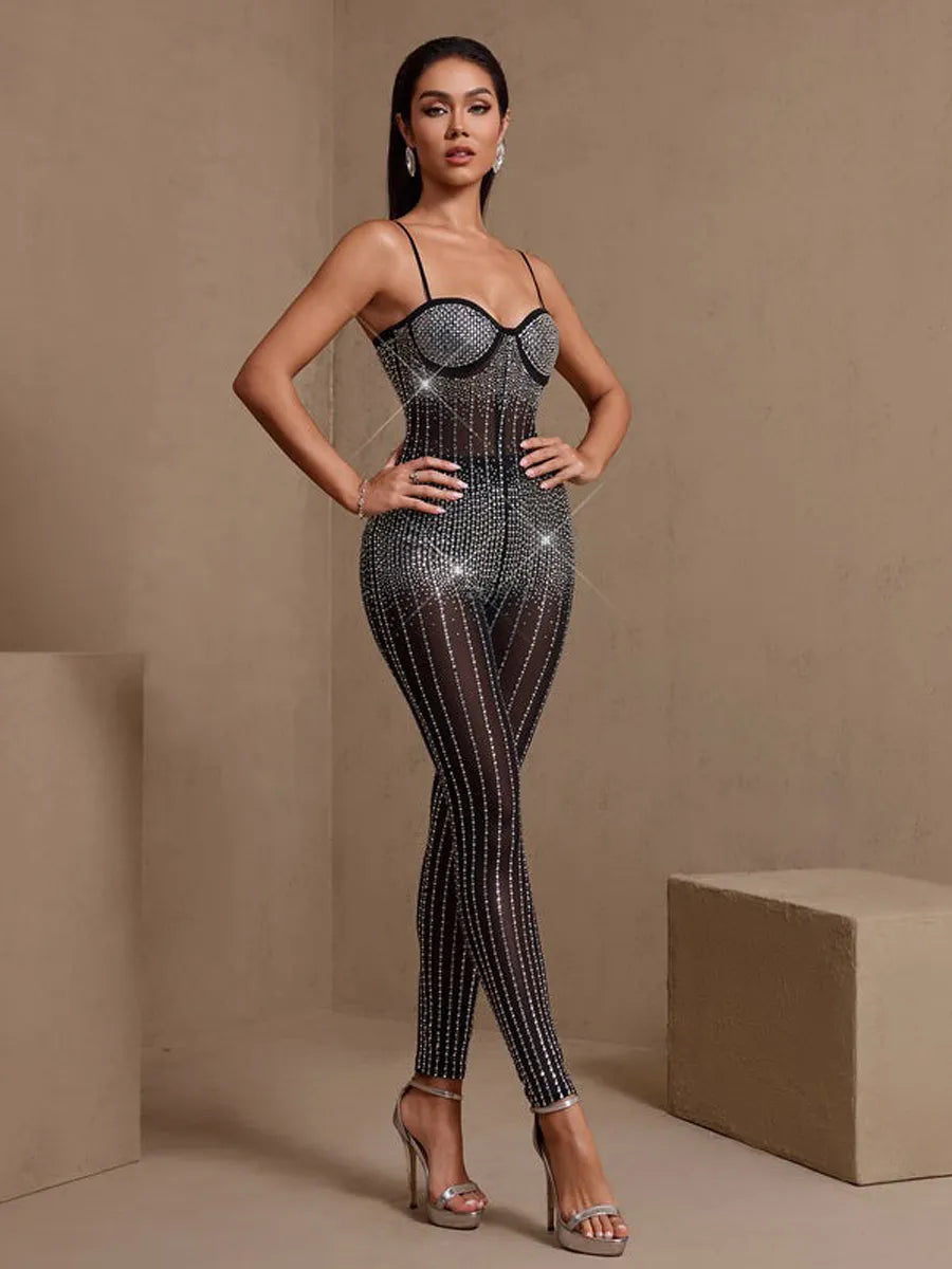 Liliana Sexy Corset Rhinestone Gauze Jumpsuit