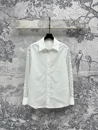 LV 25 Splicing Perspective Jacquard Monogram Sleeve Shirt White Cotton