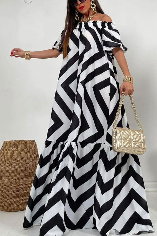 Linen Blend Off Shoulder Ruffle Puff Sleeve Pocketed Midi Dress