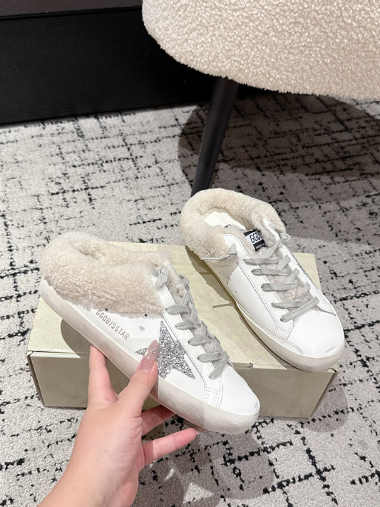 Golden Goose 2025 Star Sabot Shearling-lined Mule White Silver Cowhide Wool 500587