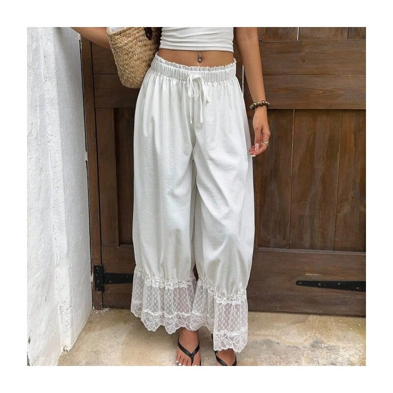 Lace Trim Wide Leg Elastic Waist Pants