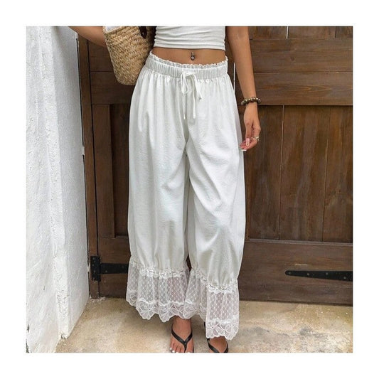 Lace Trim Wide Leg Elastic Waist Pants