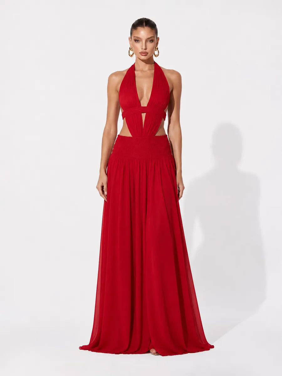 Olivia Pleated Halter-Neck Maxi Dress with Ties