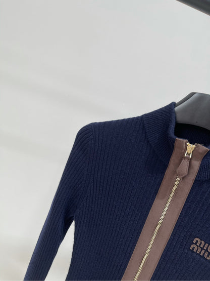 Miu Zipper Cardigan Navy Blue Sheep Wool 349754
