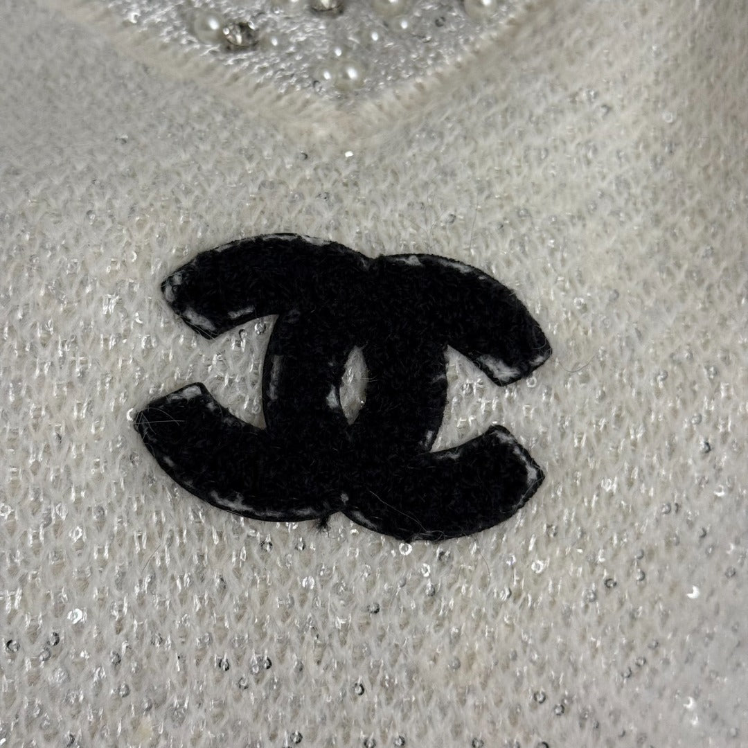 Chanel Rhinestone-Studded V-Neck Long-Sleeve White Wool Knit Sweater