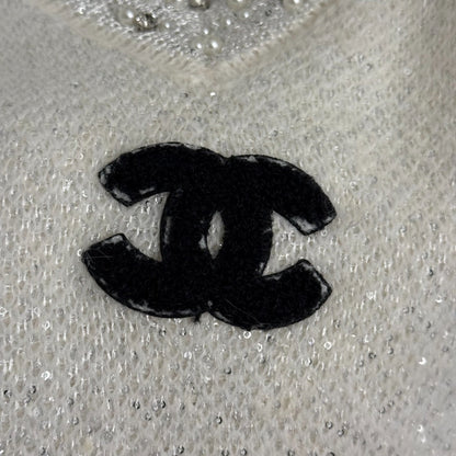 Chanel Rhinestone-Studded V-Neck Long-Sleeve White Wool Knit Sweater