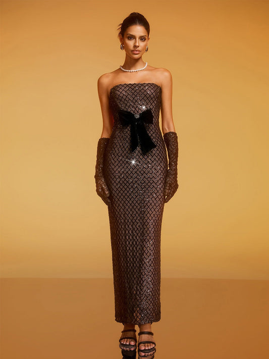 Phoebe Strapless Bow Sequin Maxi Dress
