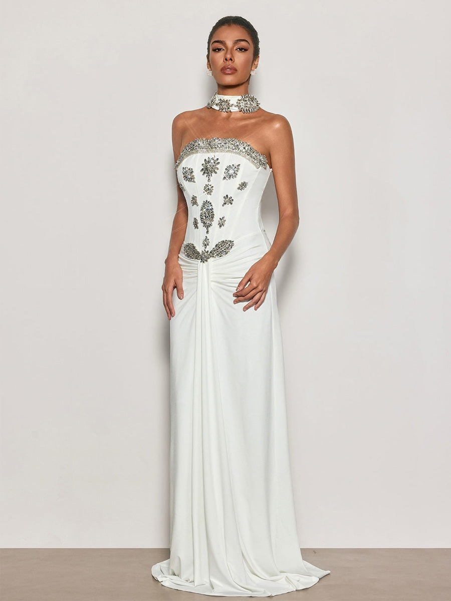 Hannah Strapless Crystal Scarf Maxi Dress