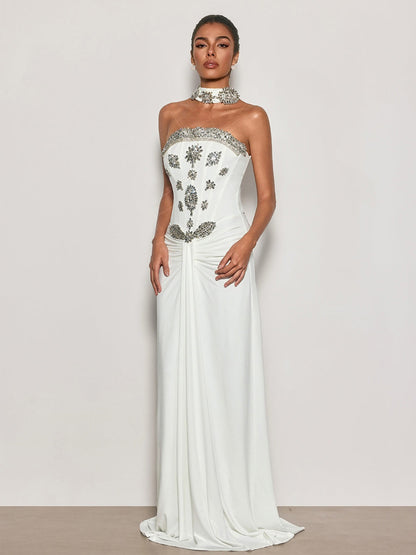 Hannah Strapless Crystal Scarf Maxi Dress