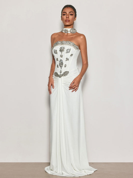 Hannah Strapless Crystal Scarf Maxi Dress