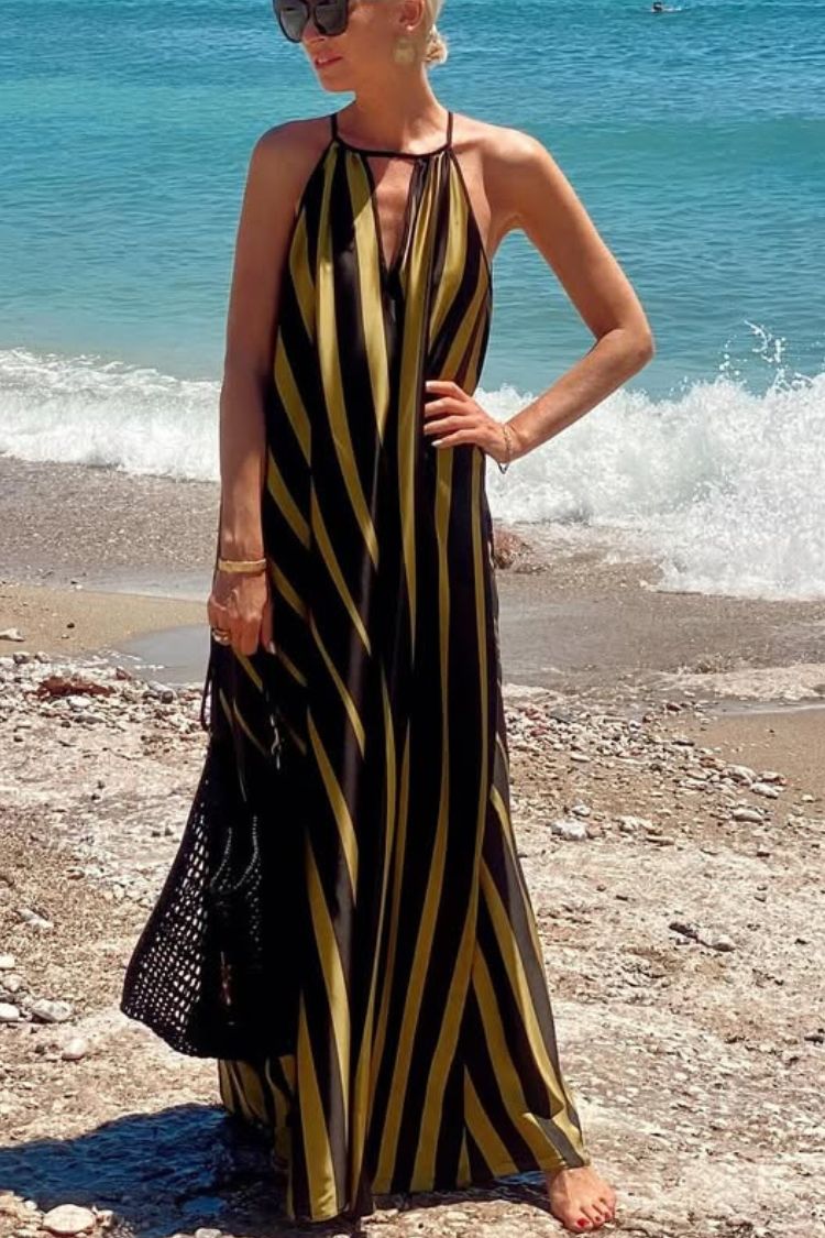 Striped Print V-Neck Loose Beach Vacation Maxi Dress