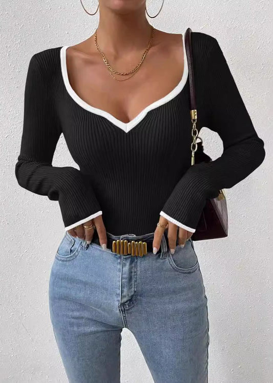 Ribbed Knit V Neck Sweater with Contrast Trim