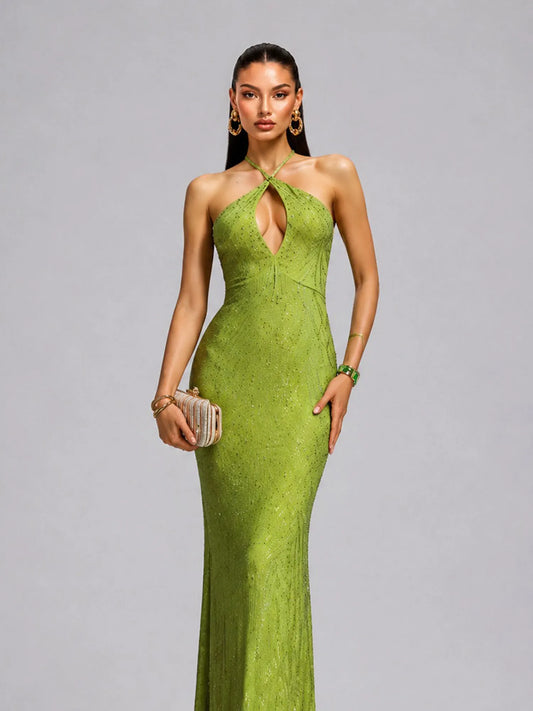 Selah Twist Halter Cut Out Full Sequin Fluorescent Maxi Dress