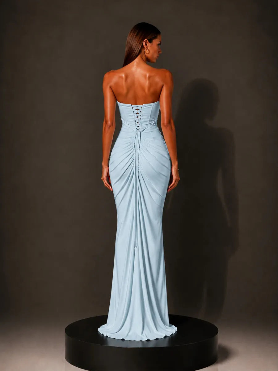 Isabella Strapless Ruched Bodycon Maxi Dress In Blue