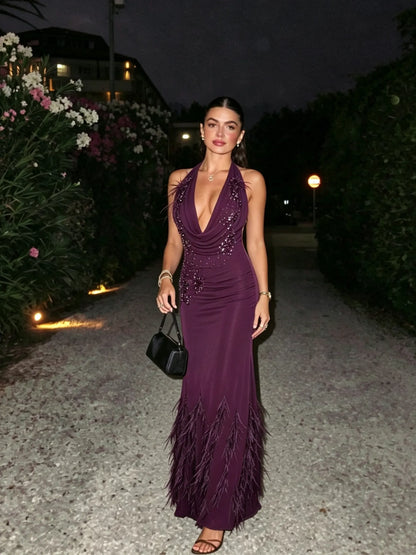 Maren Halter Feather Rhinestone Maxi Dress In Plum