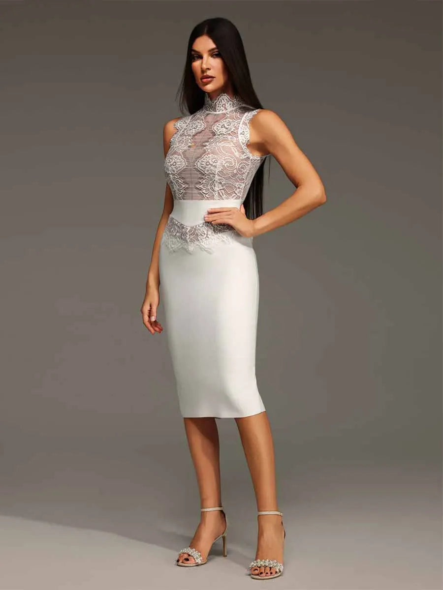 Delilah Stand Collar Lace Bandage Mini Dress