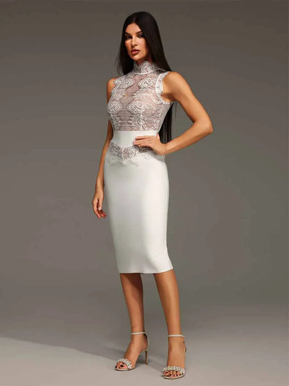 Delilah Stand Collar Lace Bandage Mini Dress