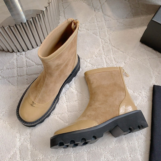 CC New Platform Ankle Boots Light Brown Suede Glossy Sheepskin