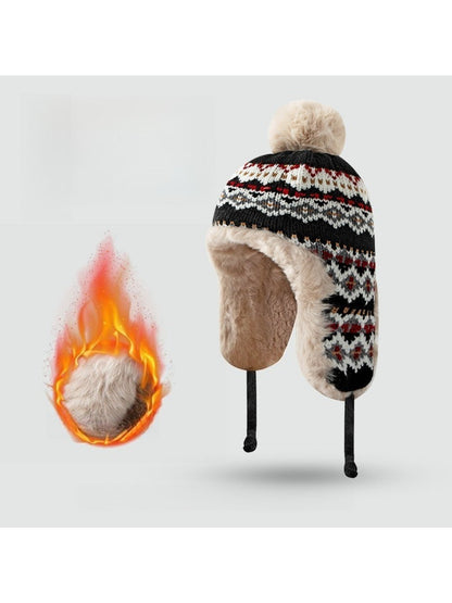 Haila - Jacquard Patterned Fleece-Lined Knitted Beanie with Earflaps