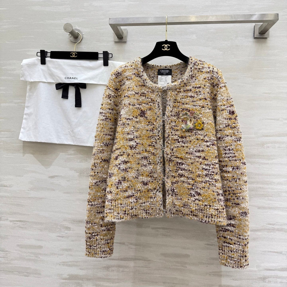 CC Cardigan Jacket Beige Multicolor Sheep Wool Tweed 343317