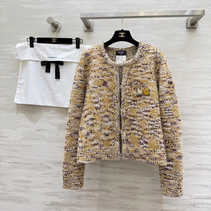 CC Cardigan Jacket Beige Multicolor Sheep Wool Tweed 343317