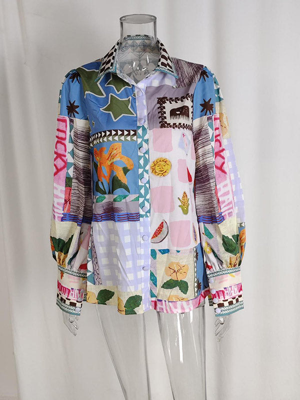 Loose Flower Painted Buttoned Puff Sleeves Lapel Collar Blouses